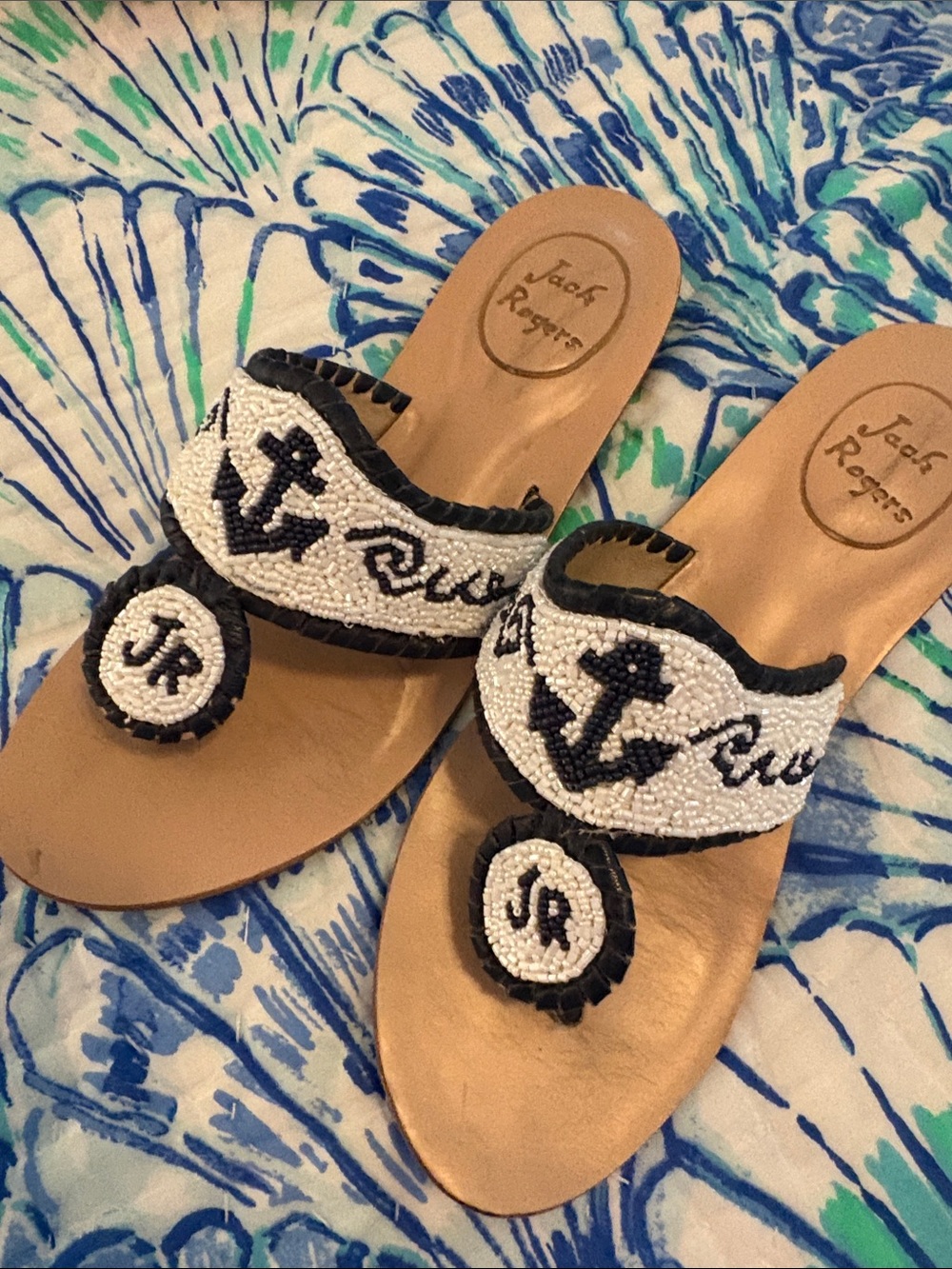 Jack Rogers White & Navy Beaded Nautical Anchor Thong Sandals